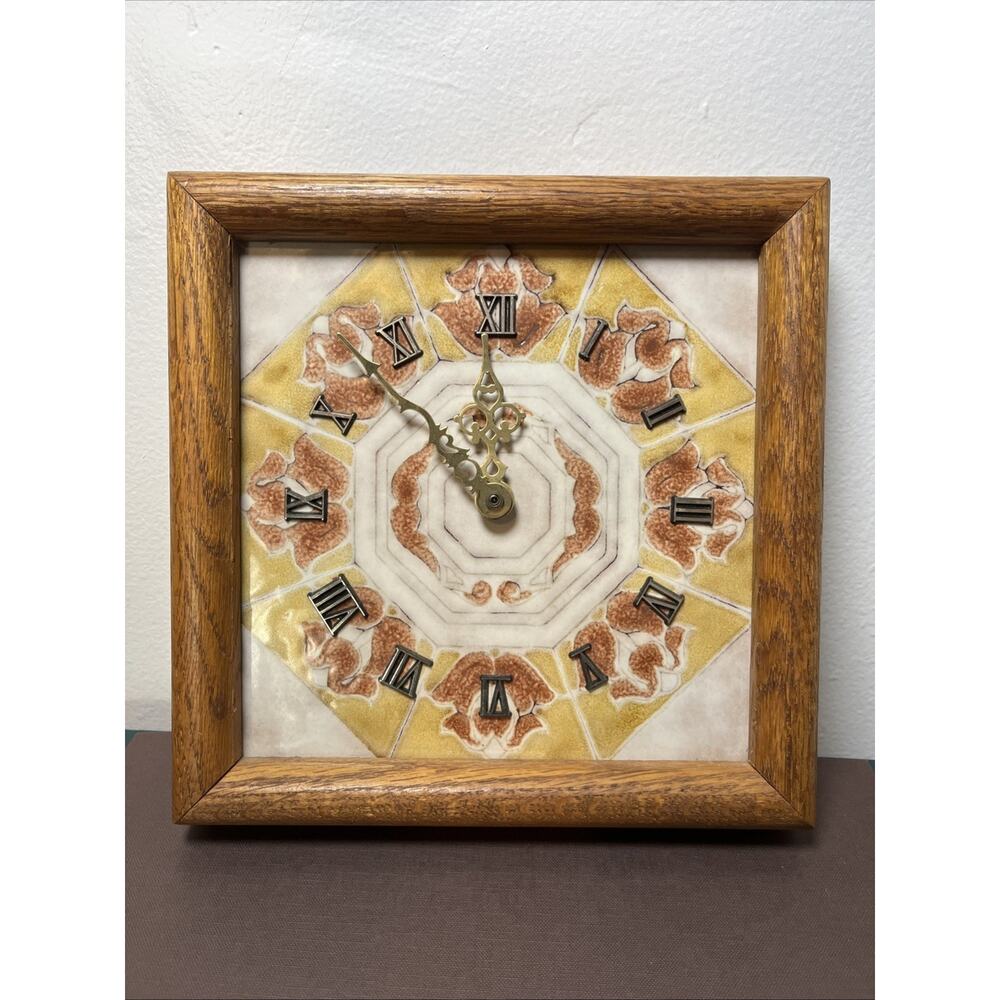 Handmade Ceramic MCM Oak Wooden Frame Tile Wall Clock Vintage WORKS